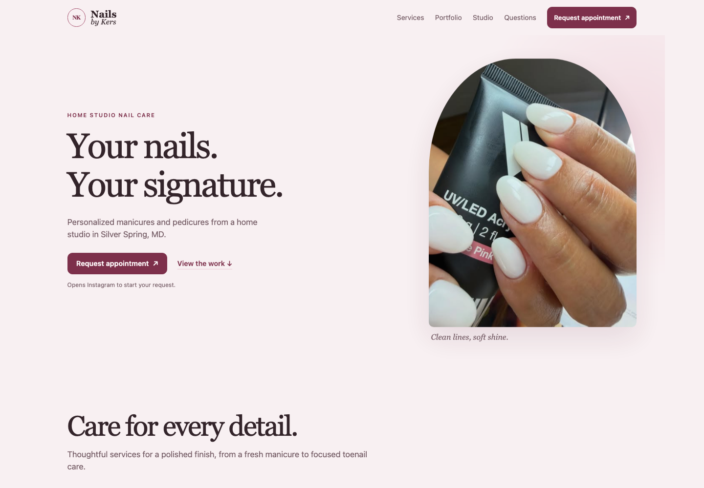 Homepage of nailsbykers.com, showing the Nails by Kers logo, the headline "Your nails. Your signature.", a Request appointment button and a close-up photo of a manicure.